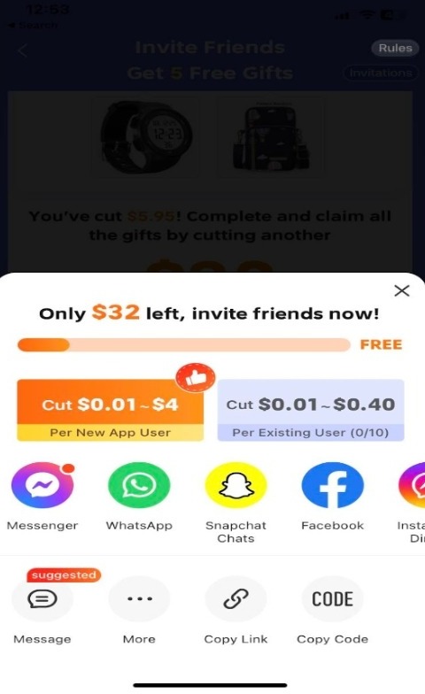 A promotion that details a cost reduction where inviting new or existing app users