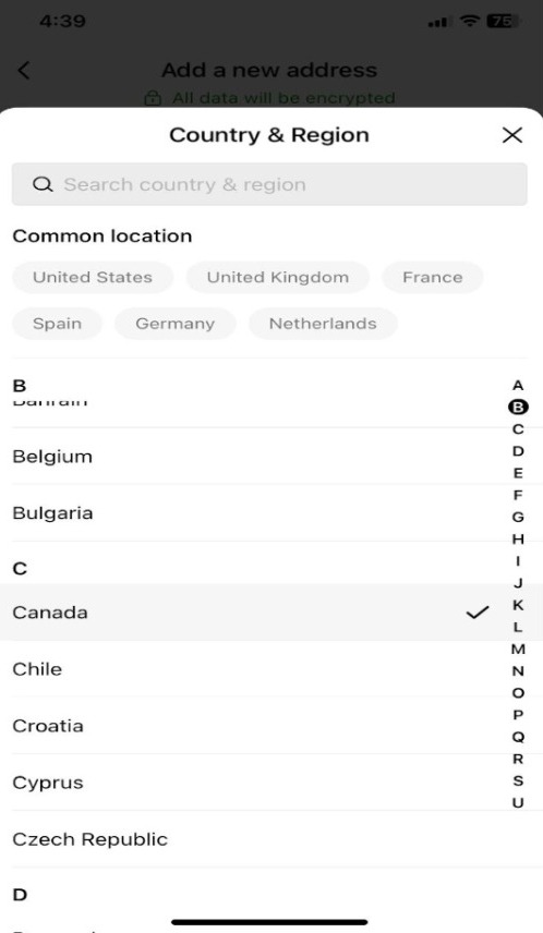 Selecting a country and region in the Temu shipping list of countries.