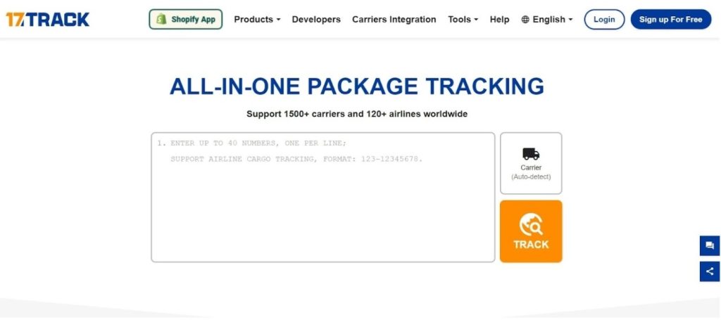 a webpage from a package tracking service called "17TRACK".