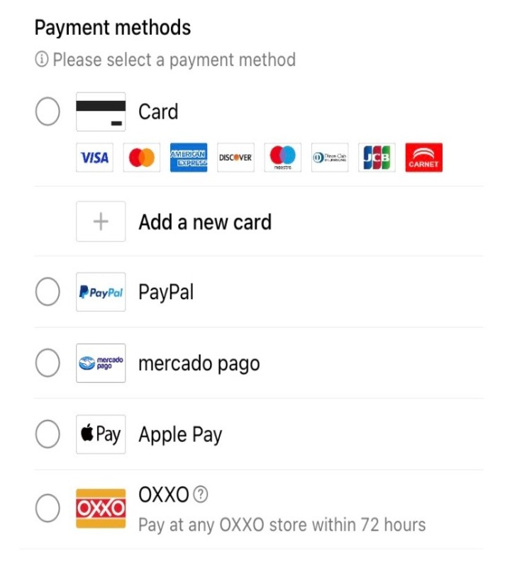 The accepted payment methods in Temu Mexico