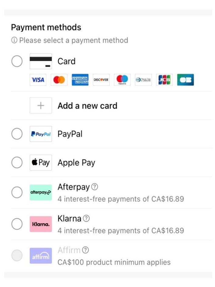 The accepted payment methods in Temu Canada