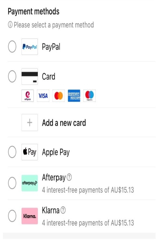 The accepted payment methods in Temu Australia