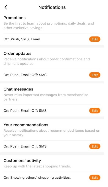 Temu notifications settings page on mobile