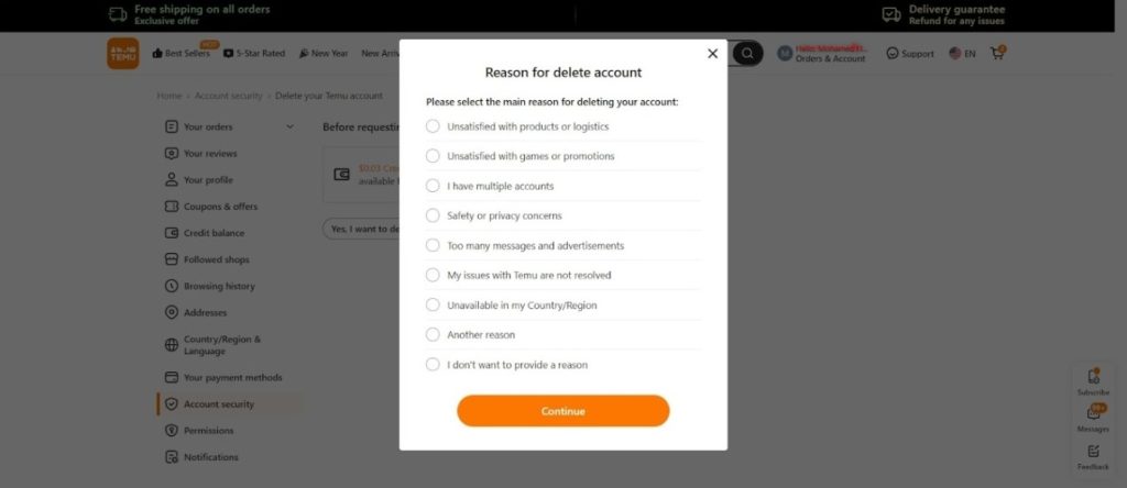 A pop-up window on Temu asking for the reason for account deletion