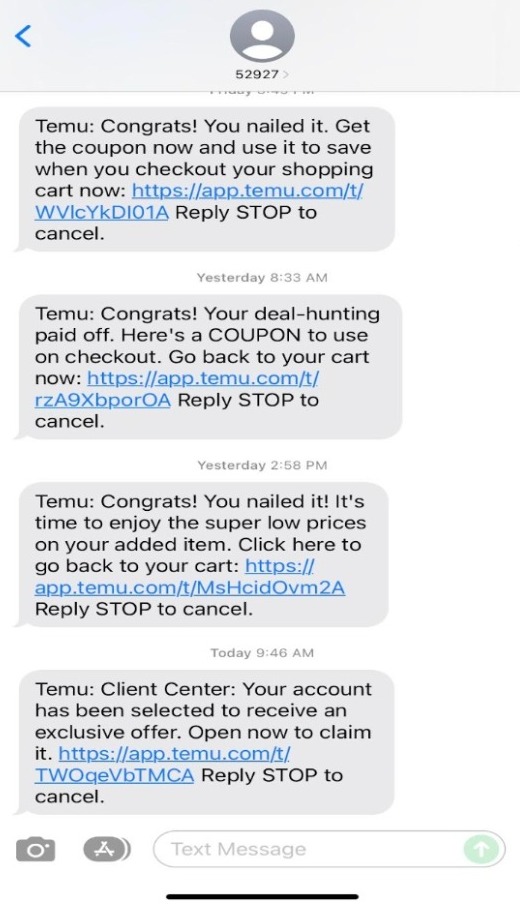 Promotional SMS from Temu with coupons, links to claim them, and instructions to reply 'STOP' to cancel.