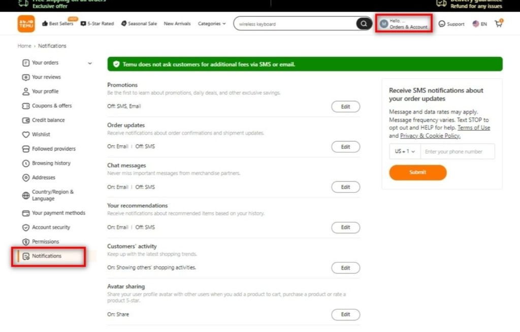 Click 'Orders & Account', then 'Notifications' to adjust SMS settings for promotions, order updates