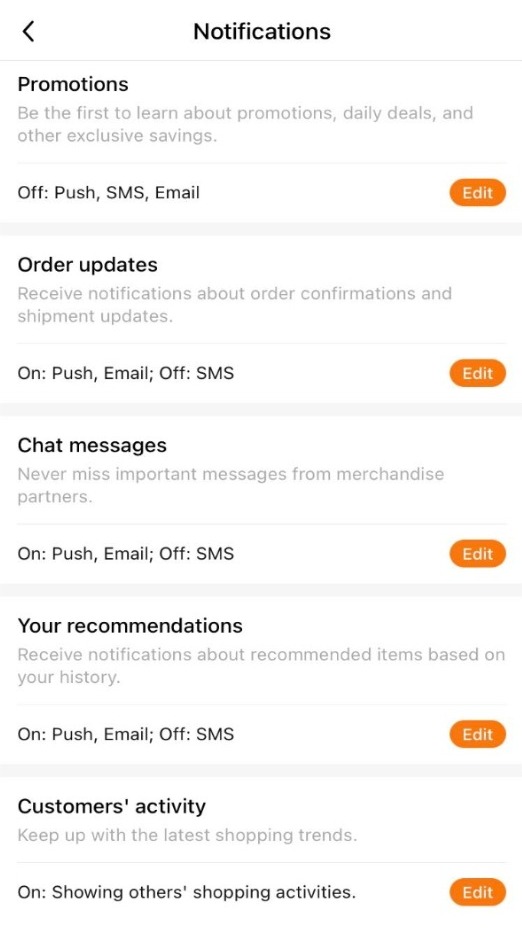Tap 'Settings' then 'Notifications' to customize SMS alerts for deals, updates, messages, and recommendations.