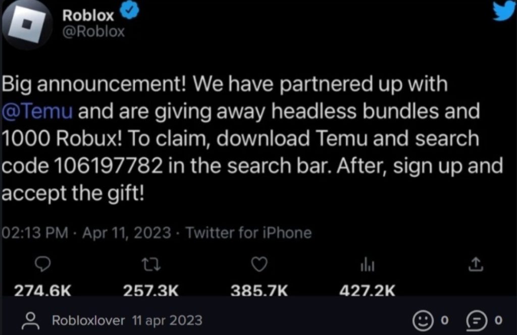 Fake Roblox tweet