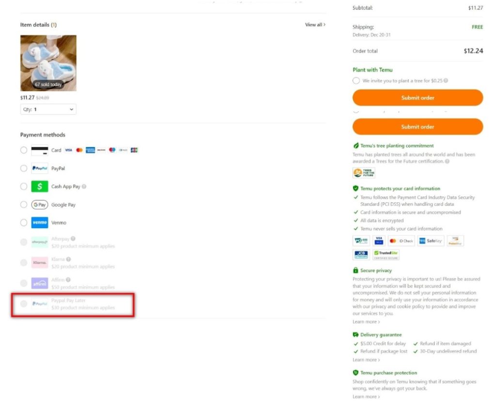PayPal Pay in 4 on Temu