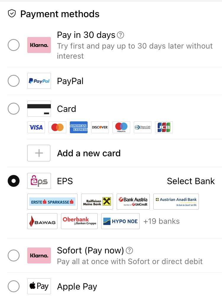 The accepted payment options in Temu Austria