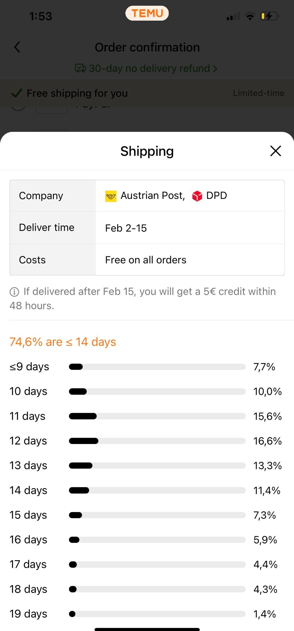 Shipping information screen displaying delivery time range, with a credit offer for delayed deliveries.