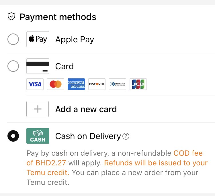 The accepted payment options in Temu Bahrain