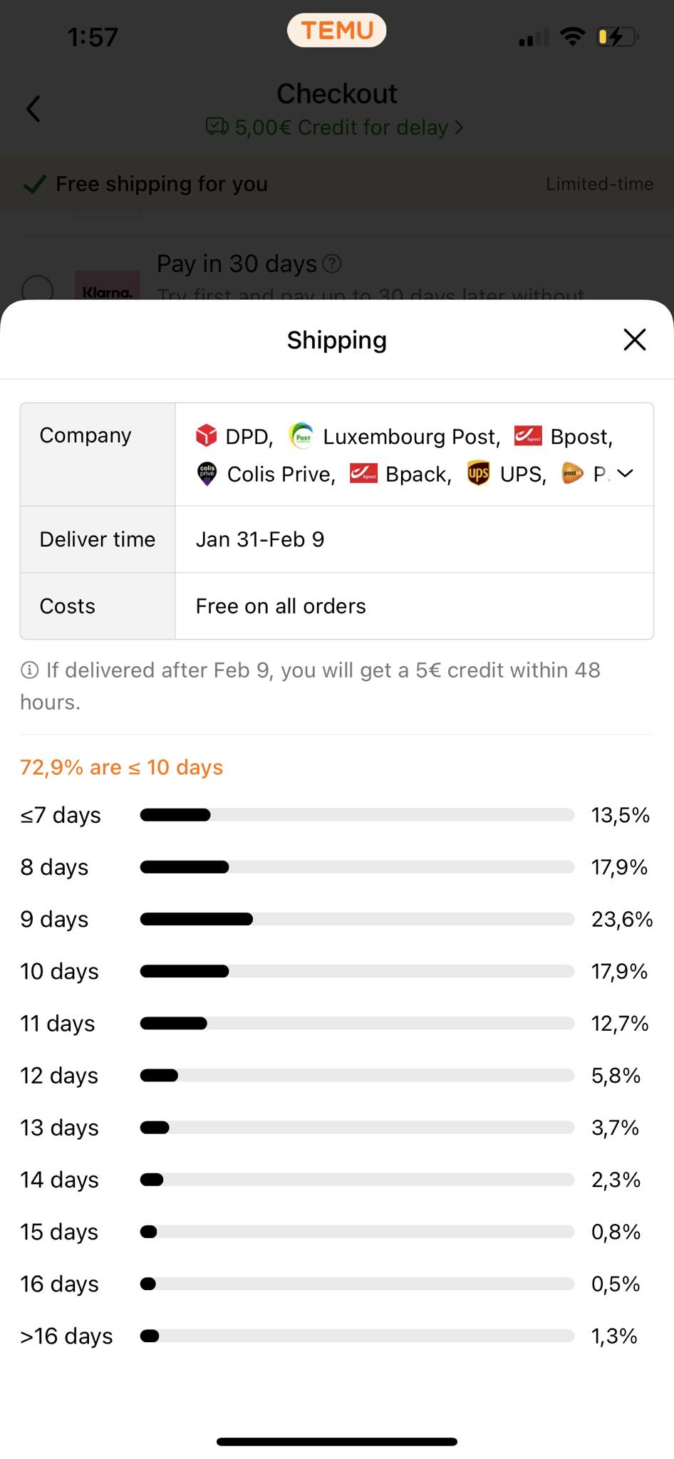 Shipping information screen displaying delivery time range, with a credit offer for delayed deliveries.