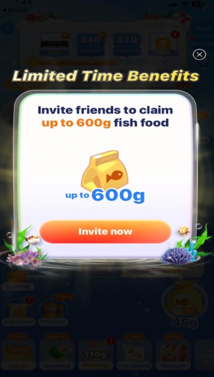 Invite friends to claim fish food