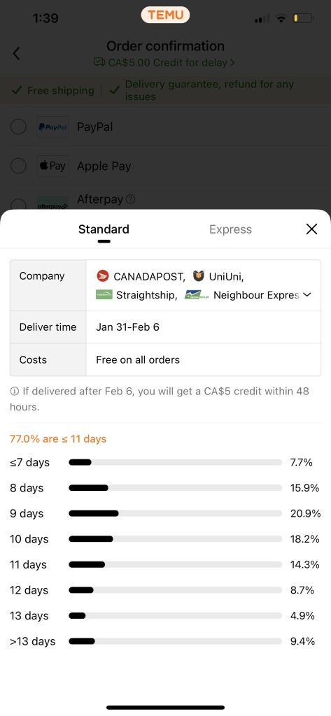 Temu Canada checkout page