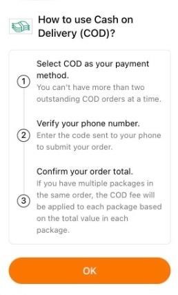 Instructions for using Cash on Delivery (COD), including selecting COD, verifying your phone number, and confirming order total with applicable fees.