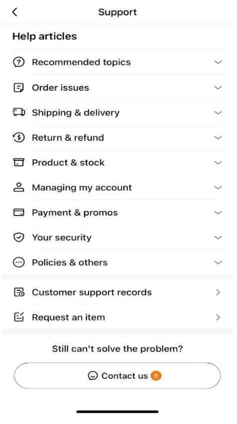 Support page listing help topics like order issues, shipping, and account management, with a 'Contact us' button for unresolved problems.