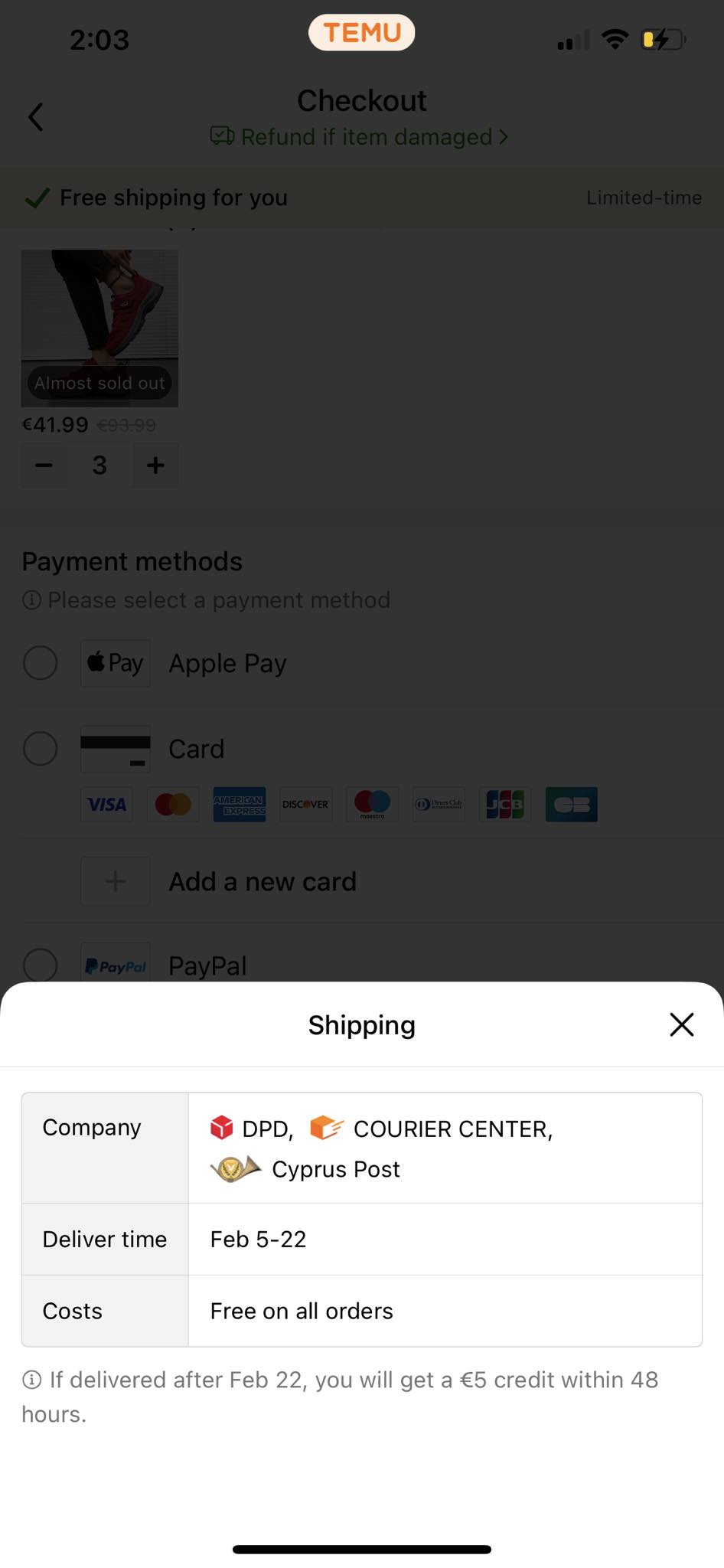 Shipping information screen displaying delivery time range, with a credit offer for delayed deliveries.