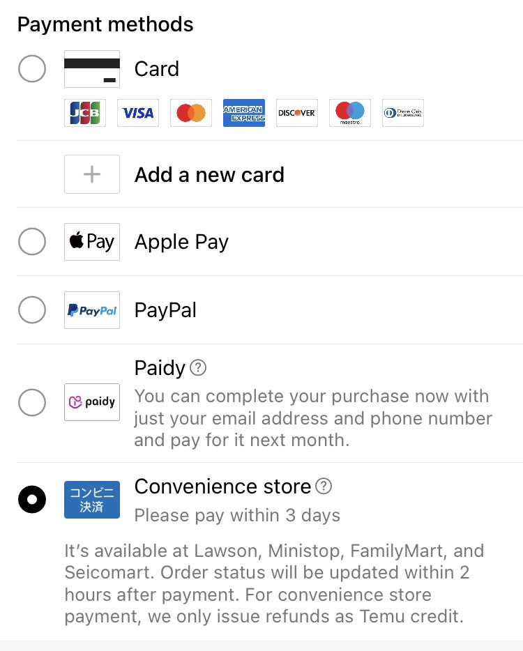 The accepted payment options in Temu Japan