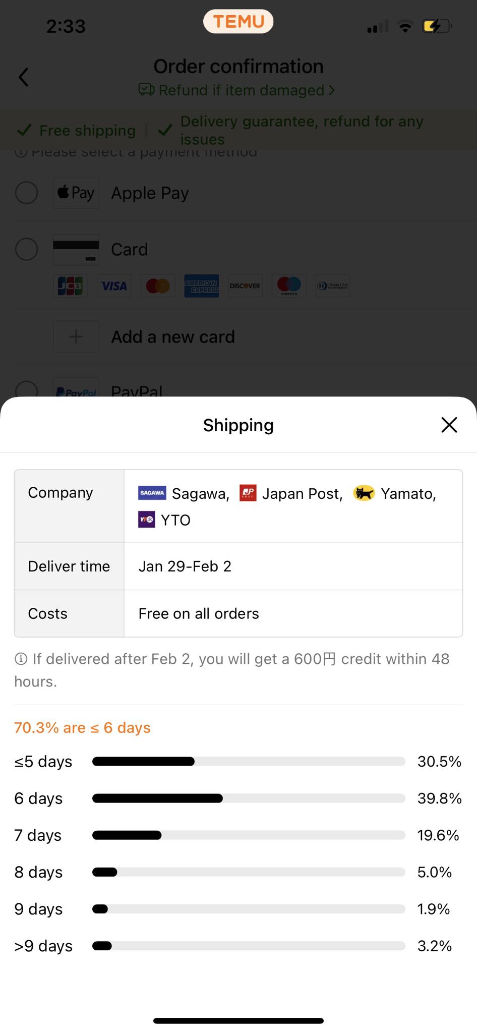 Shipping information screen displaying delivery time range, with a credit offer for delayed deliveries.