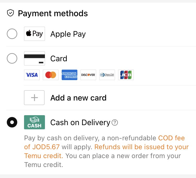 The accepted payment options in Temu Jordan