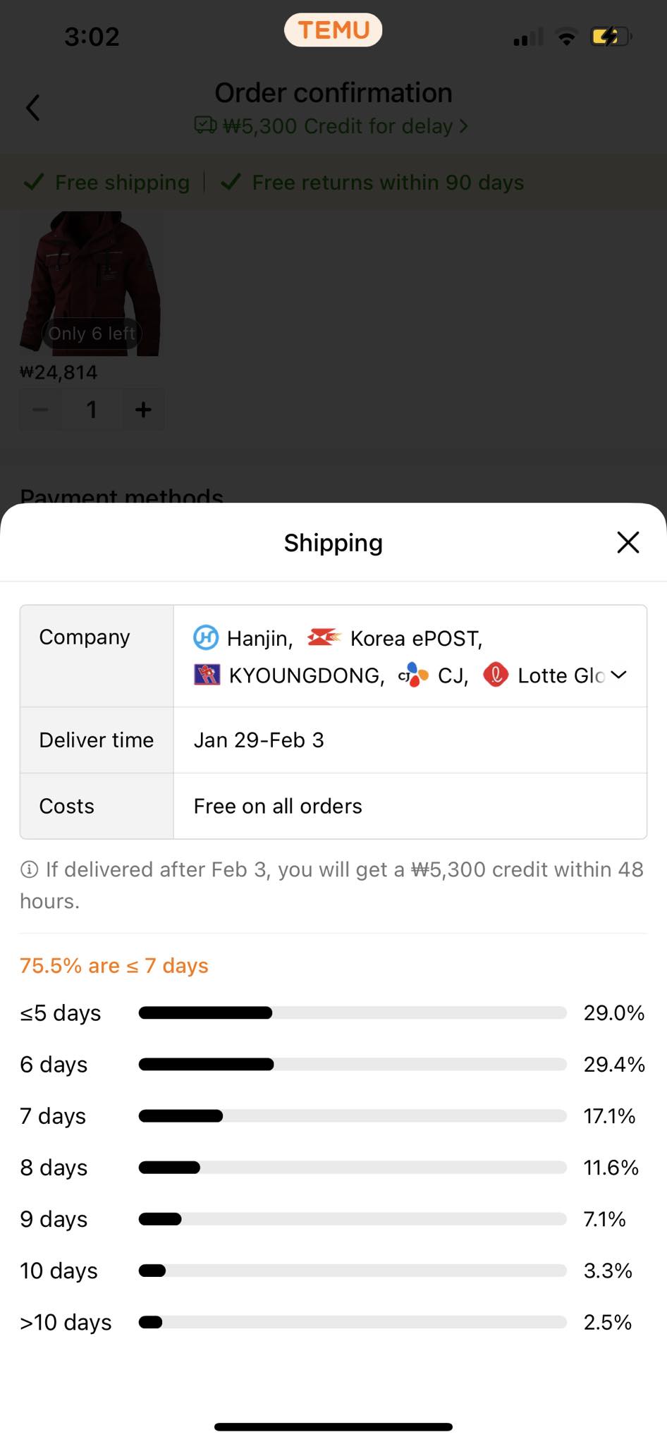 Shipping information screen displaying delivery time range, with a credit offer for delayed deliveries.