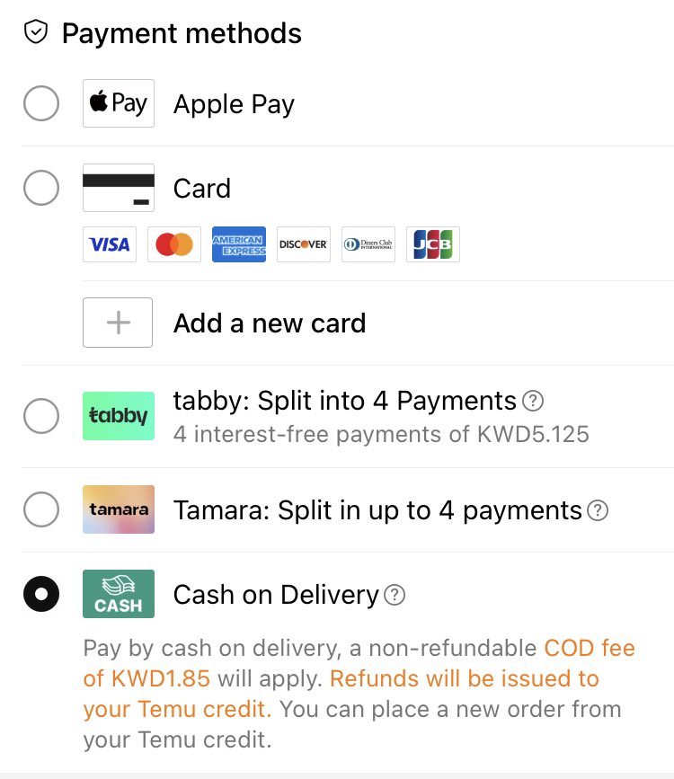 The accepted payment options in Temu Kuwait