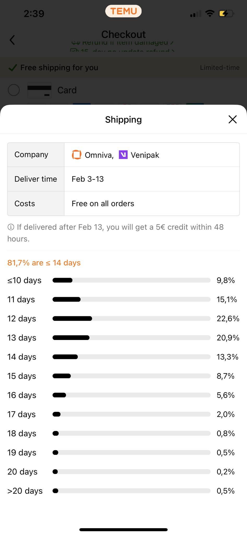 Shipping information screen displaying delivery time range, with a credit offer for delayed deliveries.