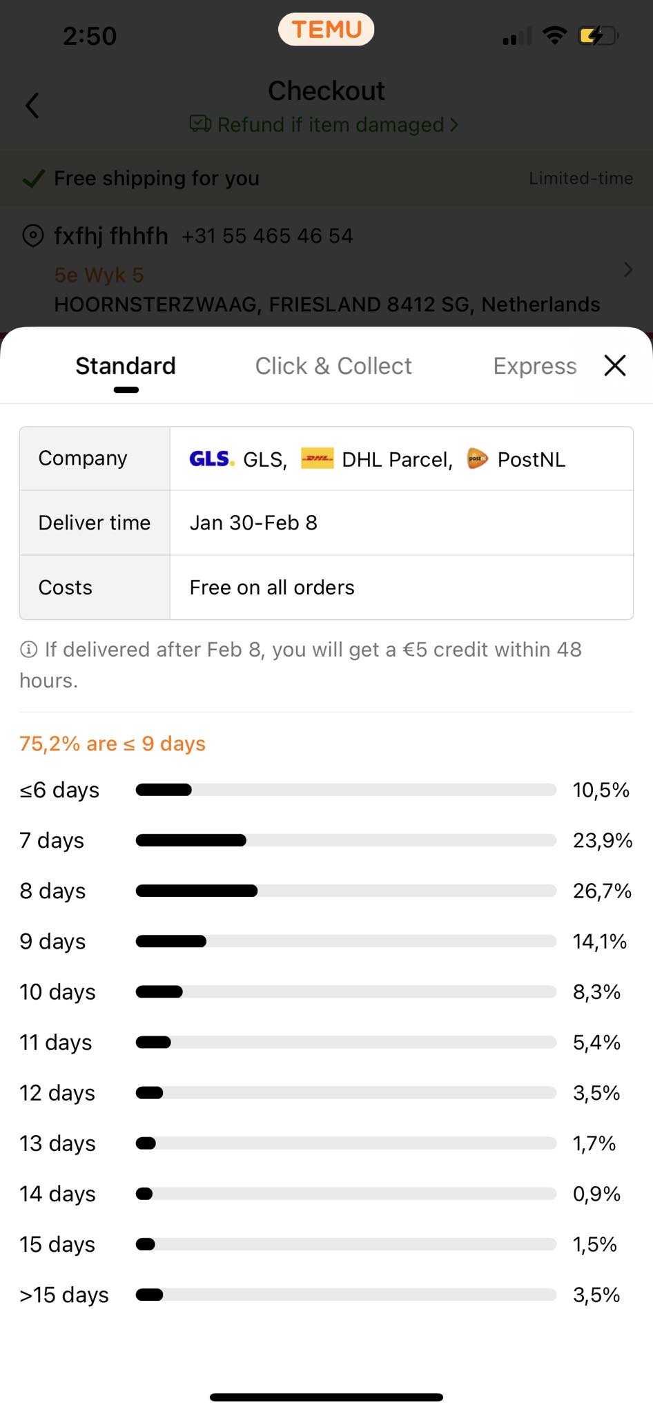 A distribution graph for standard delivery shows the percentage of orders delivered within specific time frames