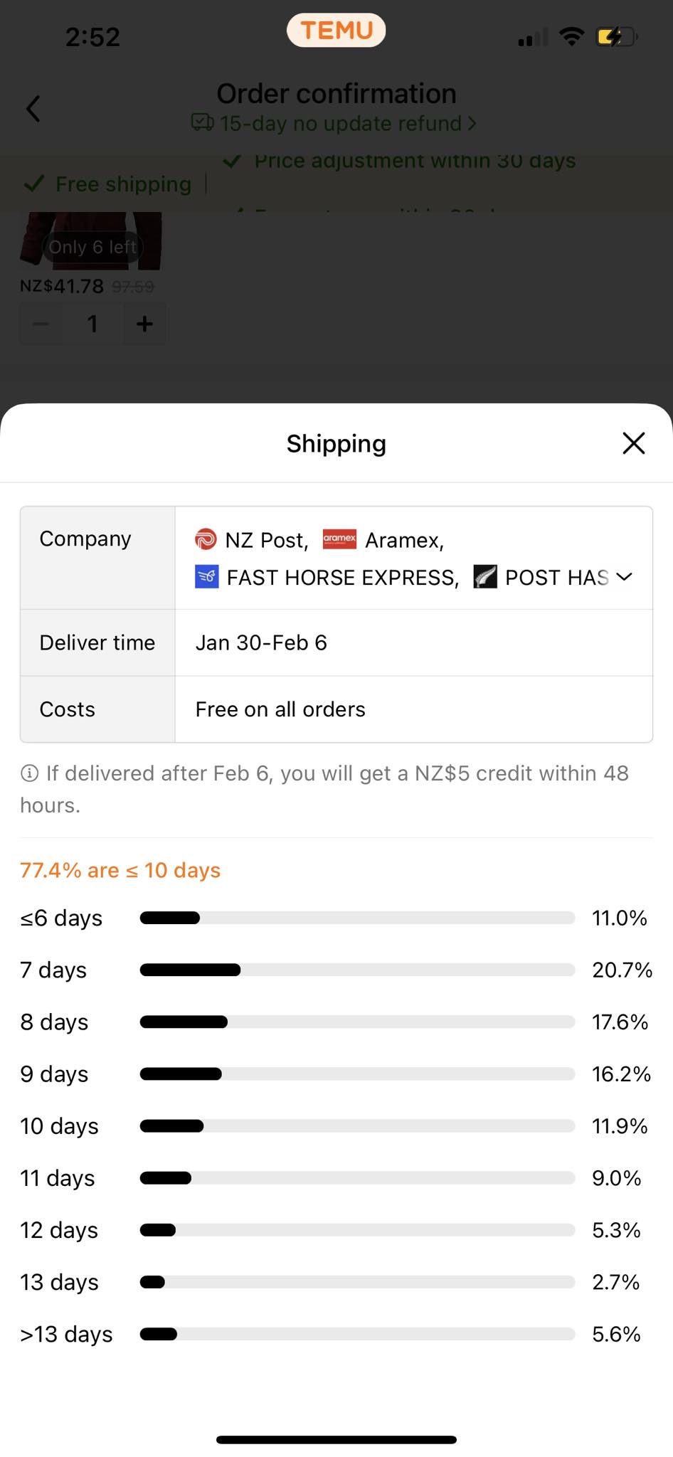 Shipping information screen displaying delivery time range, with a credit offer for delayed deliveries.