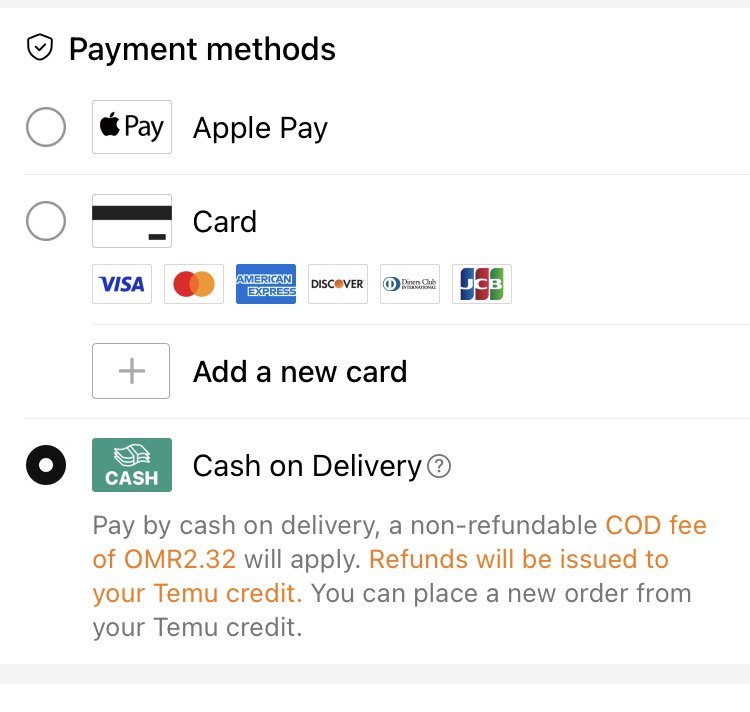 The accepted payment options in Temu Oman