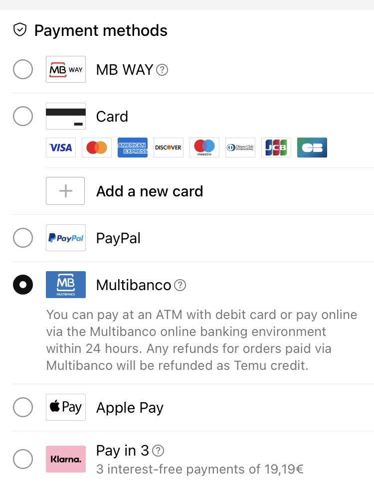 The accepted payment options in Temu Portugal