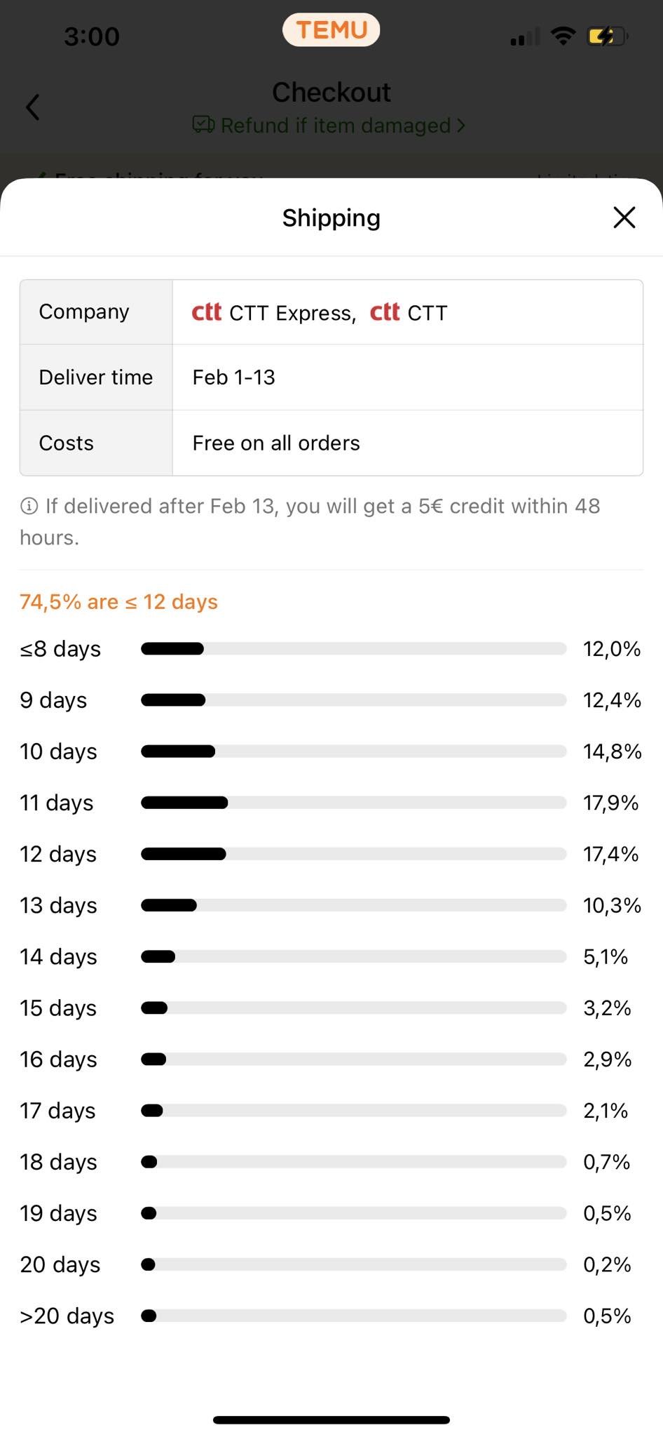 Shipping information screen displaying delivery time range, with a credit offer for delayed deliveries.