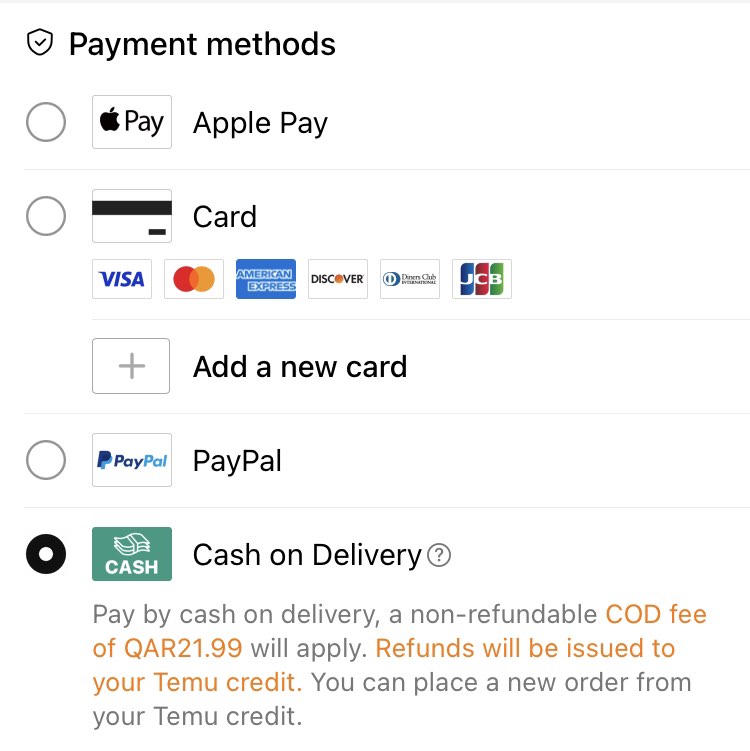 The accepted payment options in Temu Qatar