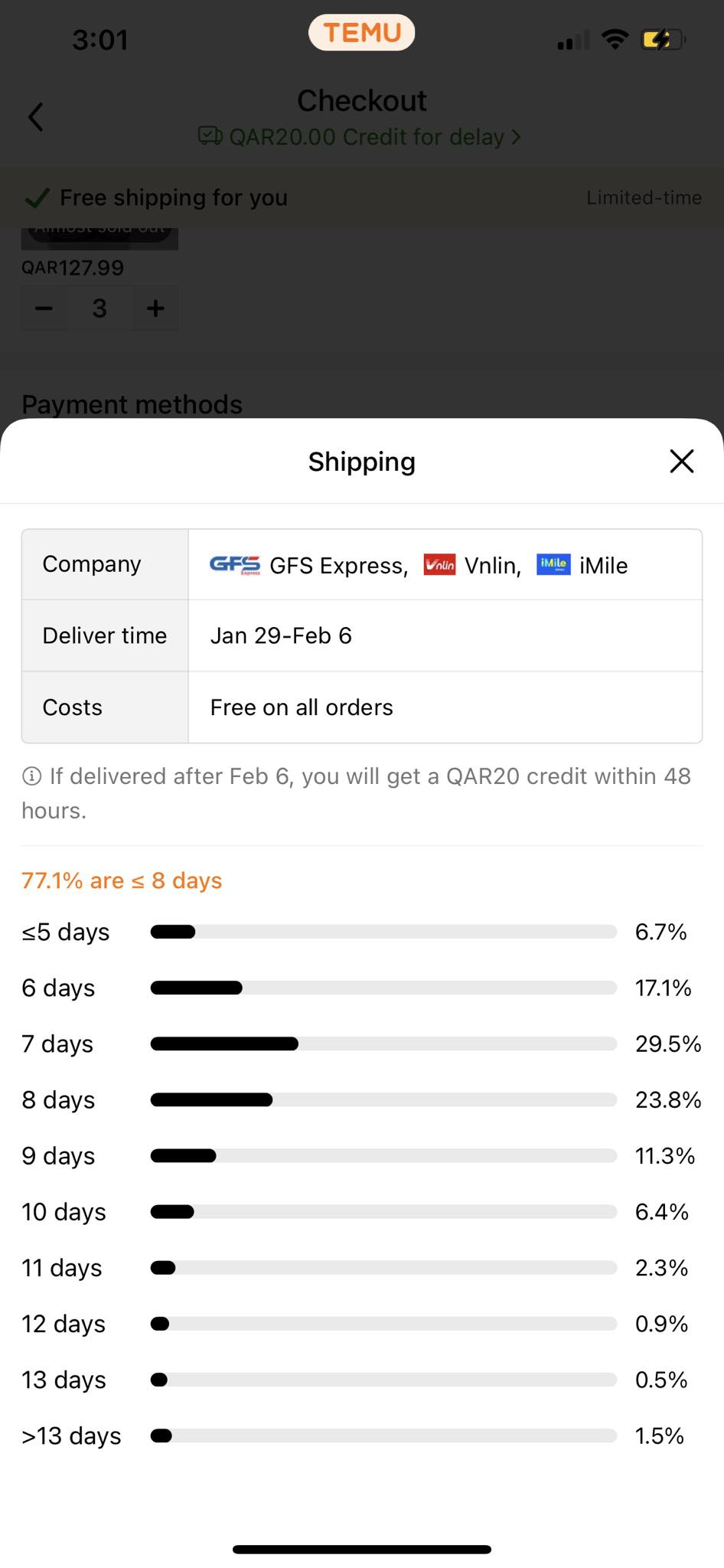 Shipping information screen displaying delivery time range, with a credit offer for delayed deliveries.