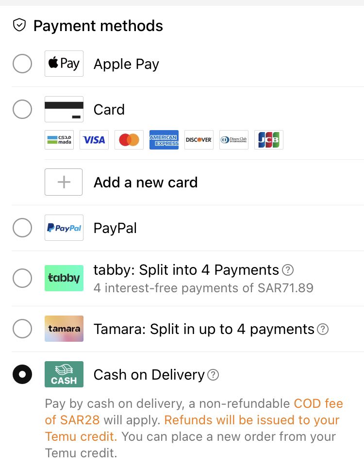 The accepted payment options in Temu Saudi Arabia