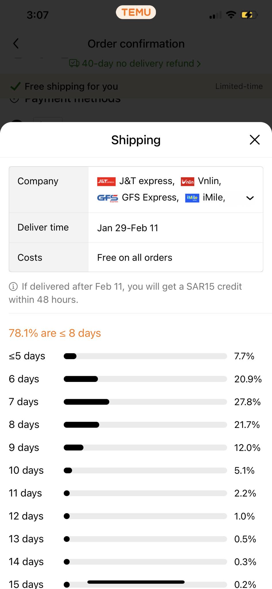 Shipping information screen displaying delivery time range, with a credit offer for delayed deliveries.