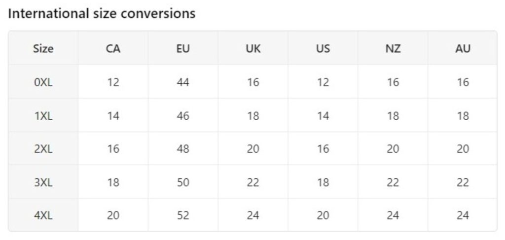 Size conversion table comparing clothing sizes from 0XL to 4XL