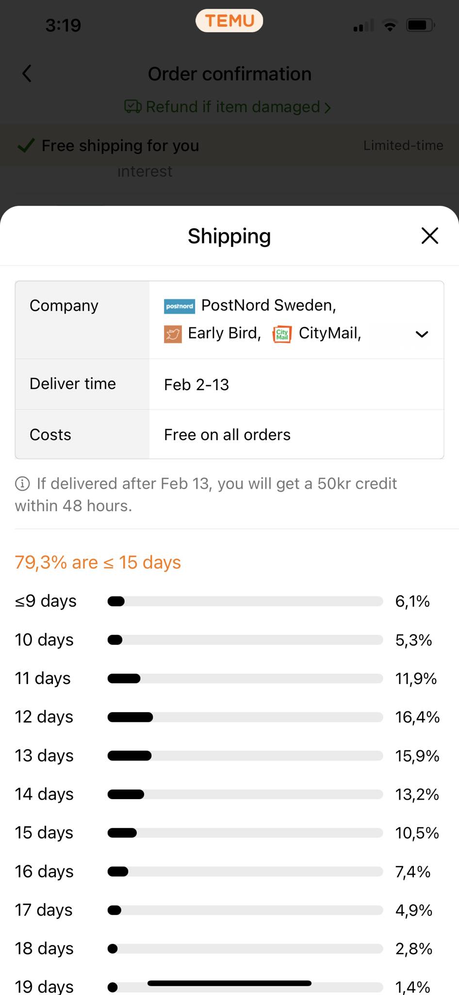 Shipping information screen displaying delivery time range, with a credit offer for delayed deliveries.