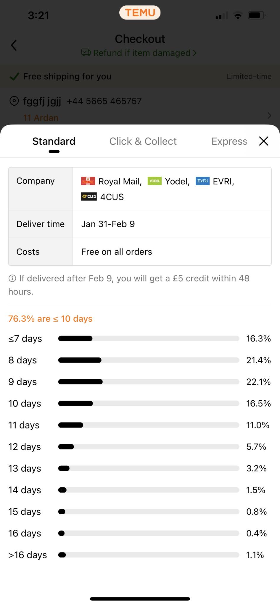 A distribution graph for standard delivery shows the percentage of orders delivered within specific time frames